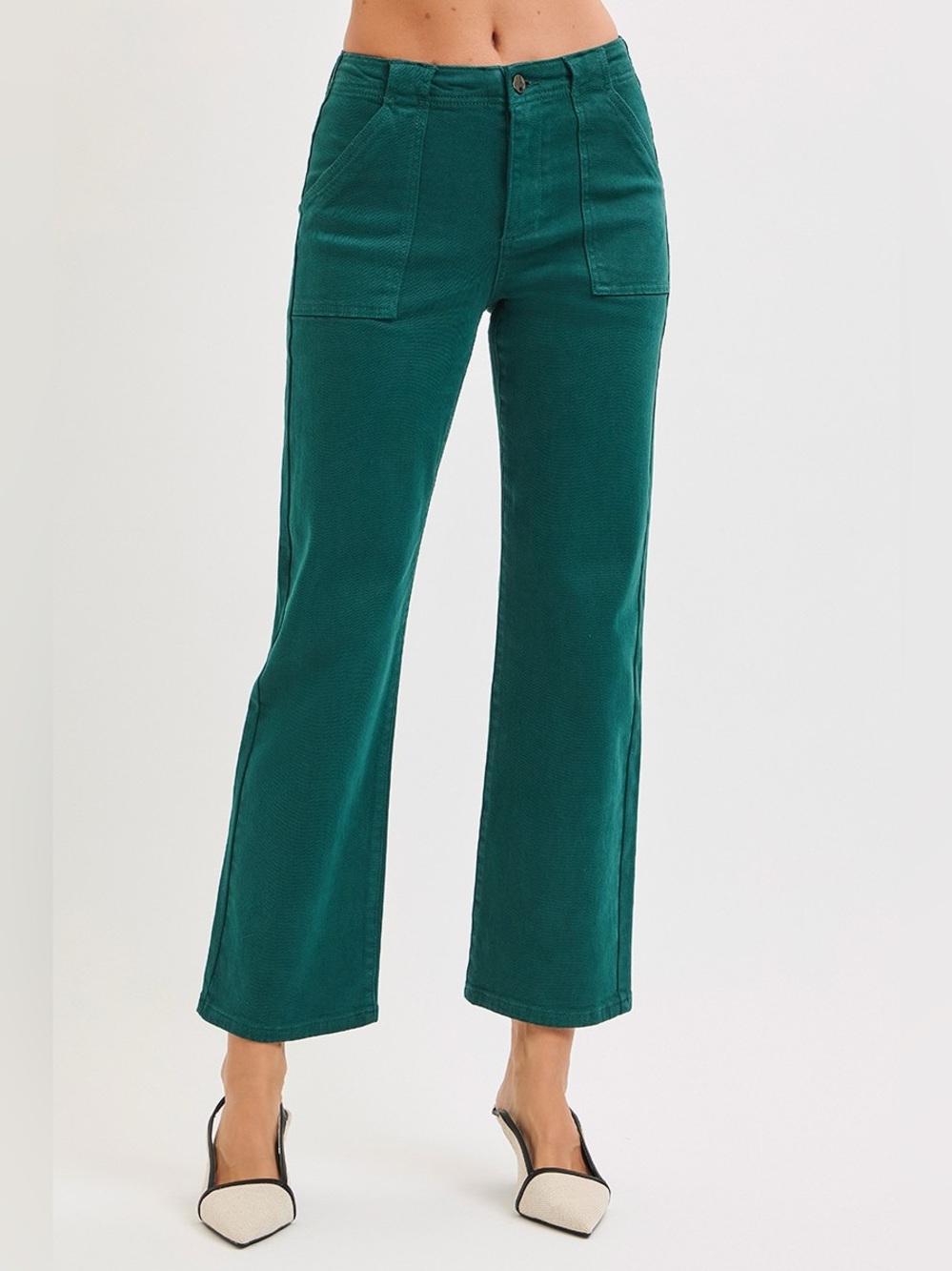 RISEN High Rise Ankle Flare Patch Pocket Jeans